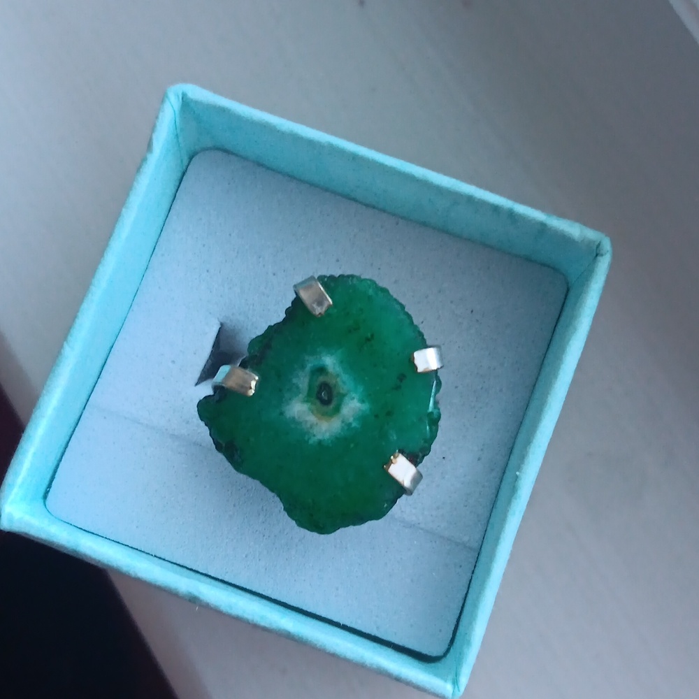 Geode Agate Ring Set In   Sterling Silver Band 6.5 New